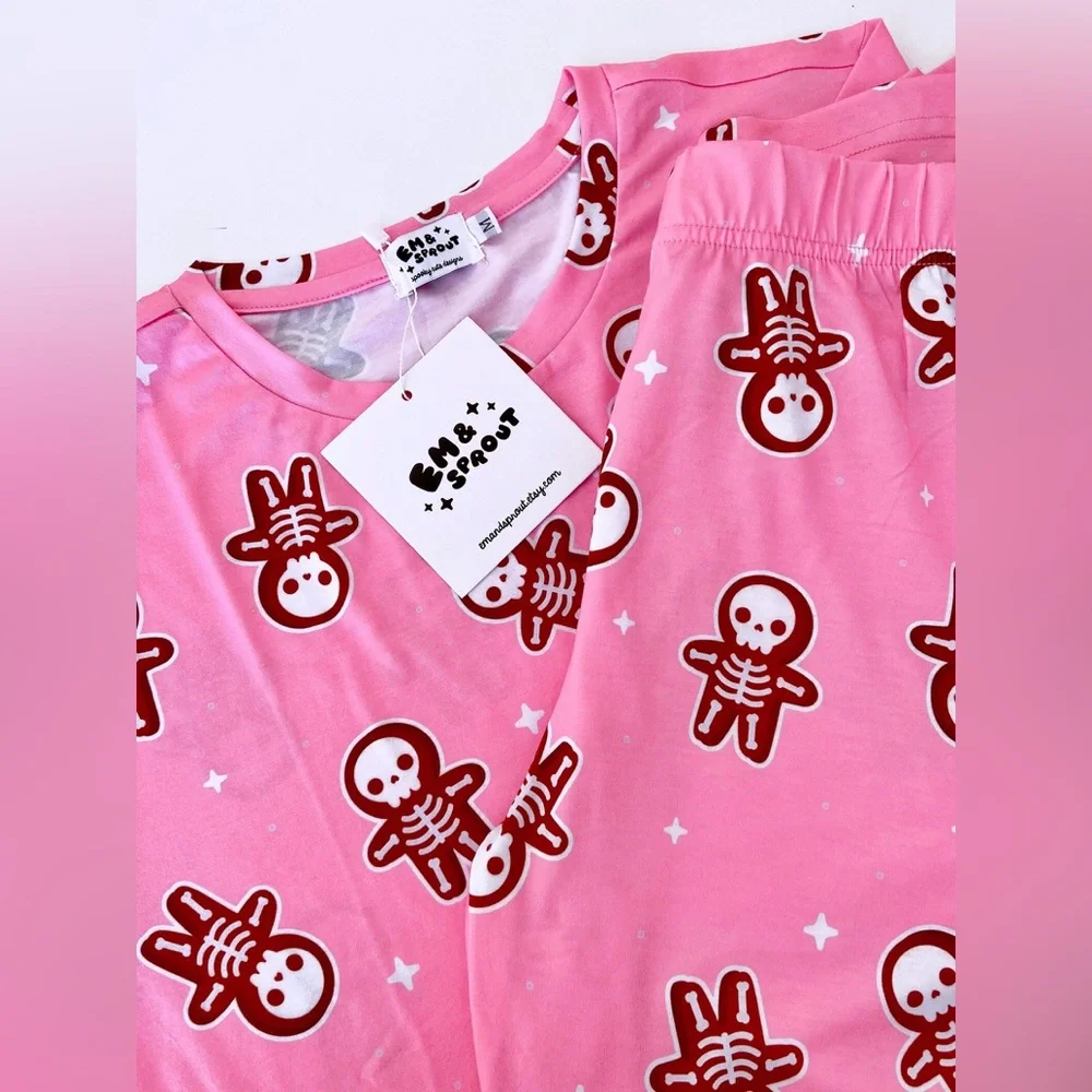 Em & Sprout Skeleton Gingerbread Pink Pajama Set Size Large